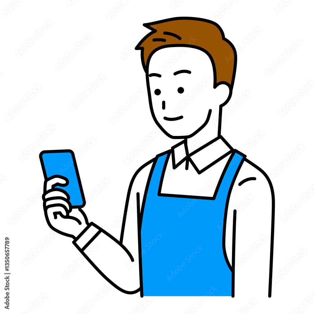スマートフォンの画面を見るエプロン姿の男性 スマートフォンの画面を見るエプロン姿の男性
