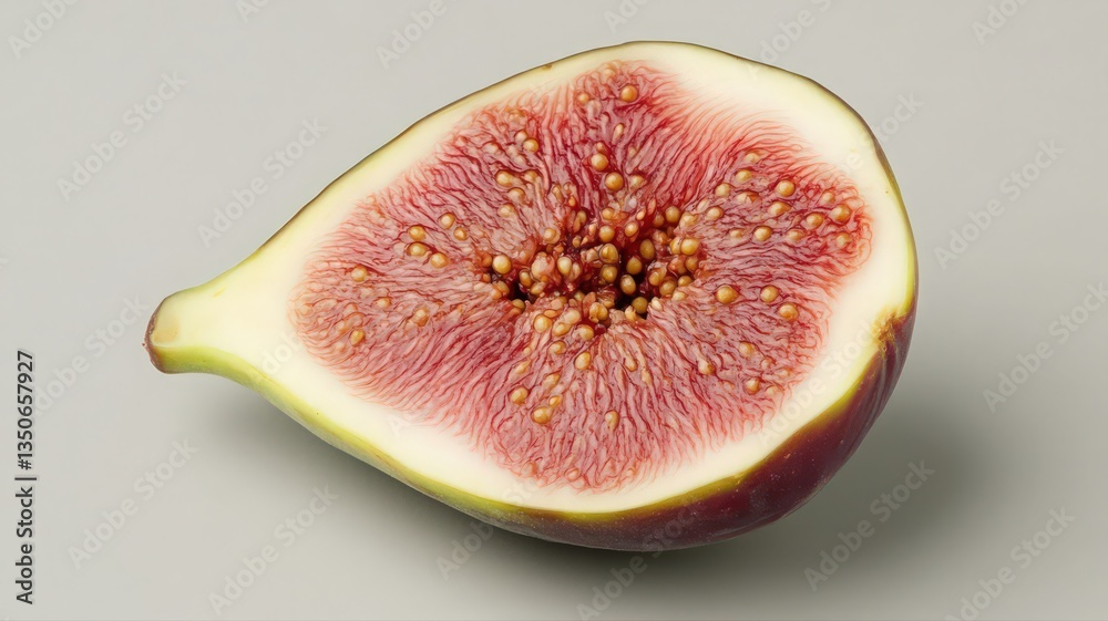 Halved Fig on Gray Background: Close-Up View of Red Fruit with Seeds Halved Fig on Gray Background: Close-Up View of Red Fruit with Seeds