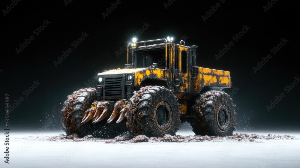 Post-apocalyptic, rugged, heavy-duty farm vehicle, covered in mud and snow Post-apocalyptic, rugged, heavy-duty farm vehicle, covered in mud and snow