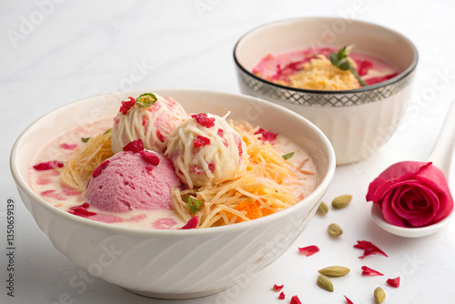 Traditional Kulfi Falooda with Vermicelli and Rose Syrup on White Background photo
