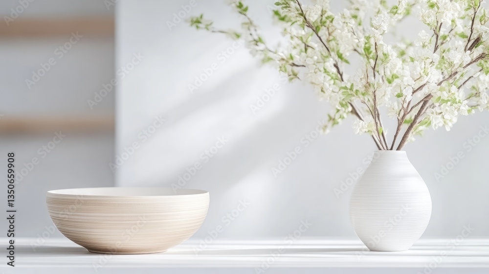 Minimalist aesthetic featuring a beige bowl and a white vase with delicate blossoms. Soft light and shadows create a serene atmosphere Minimalist aesthetic featuring a beige bowl and a white vase with delicate blossoms. Soft light and shadows create a serene atmosphere