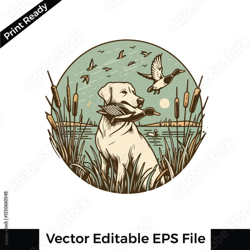 Vector Labrador retriever hunting duck in its mouth, duck hunting dog logo and  t-shirt design 