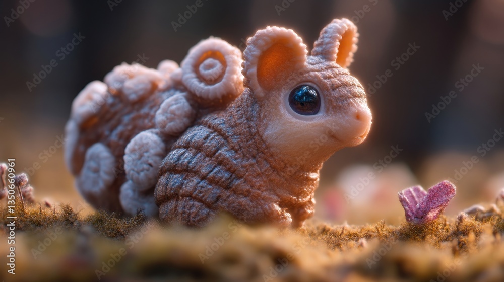 A miniature creature, light beige, with intricate textures, sits amongst moss and small flowers. It has large expressive eyes and delicate features A miniature creature, light beige, with intricate textures, sits amongst moss and small flowers. It has large expressive eyes and delicate features
