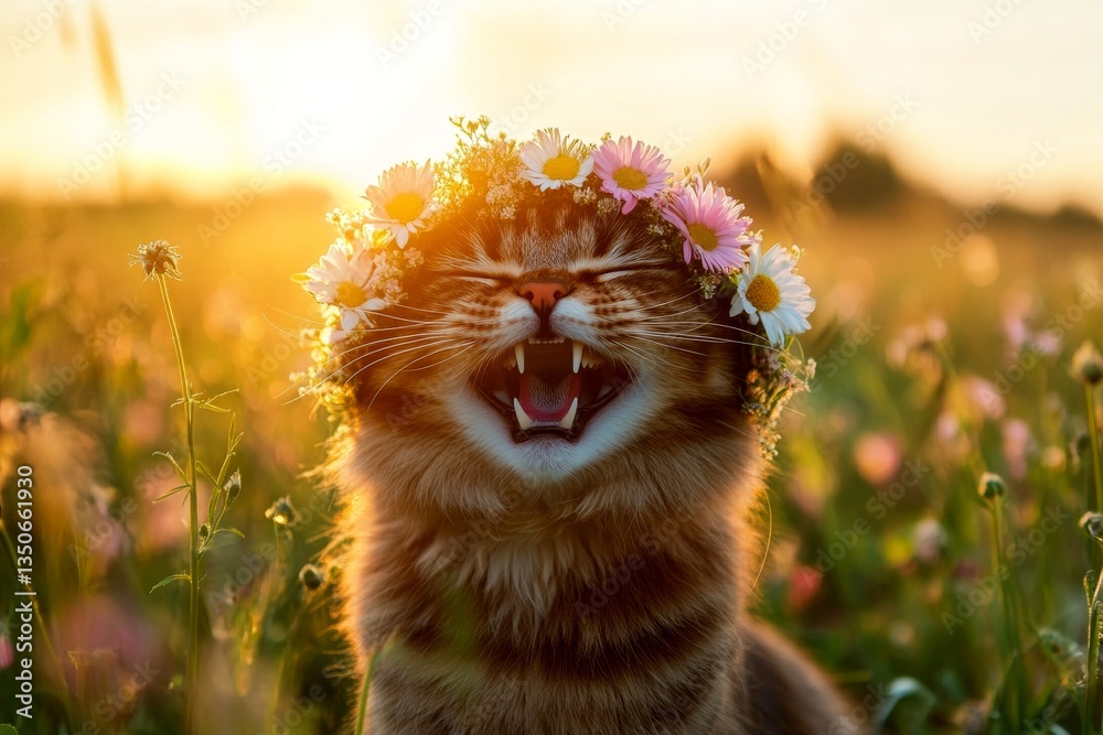 Obraz premium Vacation time happiness. Golden hour in sunset. Cute adult cat siberian wearing primal flower crown on its head. Bright summer portrait of a cat. Boho-style floral wreath for pets.