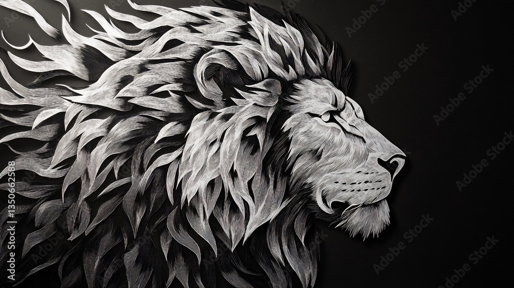 Obraz premium Majestic lion profile, fiery mane, dark background, power concept