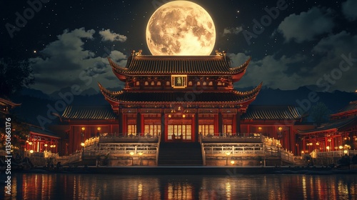 Moonlit Chinese Palace, Night Festivity, Calm Waters, Asian Architecture, Holiday Card