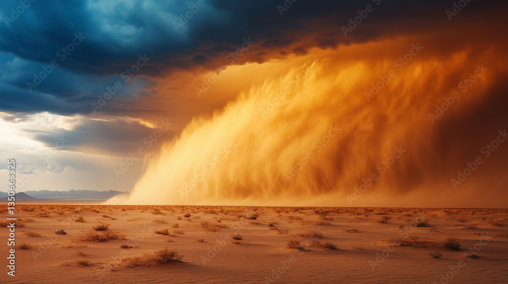 Fototapeta premium Massive Sandstorm Sweeping Across the Desert with Dramatic Sky and Powerful Winds in an Extreme Weather Phenomenon
