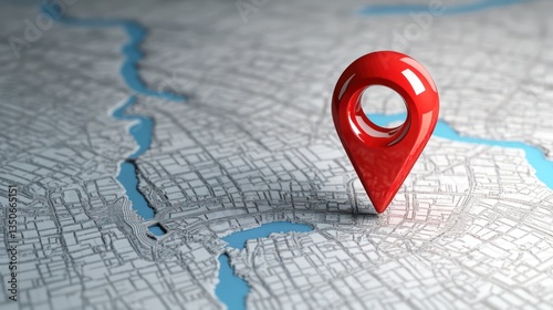 A 3D red location pin icon placed on a digital map background, symbolizing local and global search and navigation