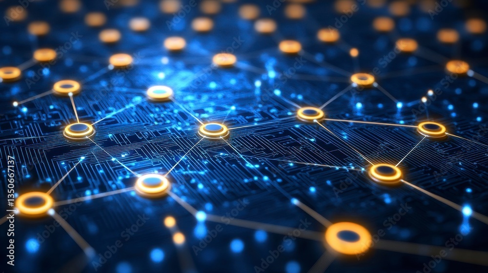 Abstract network connection concept, glowing golden nodes and blue lines on a dark background. Digital technology, data transfer, and connectivity theme. High detail, 3D render. Abstract network connection concept, glowing golden nodes and blue lines on a dark background. Digital technology, data transfer, and connectivity theme. High detail, 3D render.