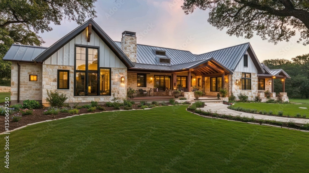 Obraz premium Modern farmhouse at dusk, showcasing stone exterior, large windows, metal roof, and manicured lawn.