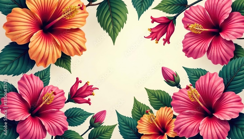 Fototapeta premium Intricate hibiscus blossoms, vibrant hues, repeating floral motif, style, flowers