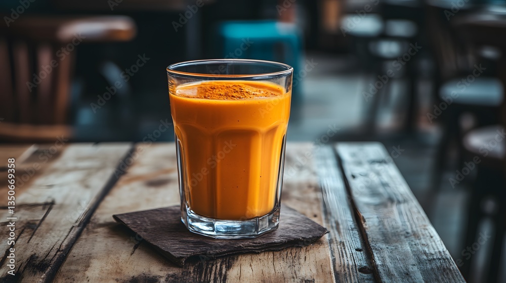 Delicious Turmeric Smoothie in Glass on Wooden Table