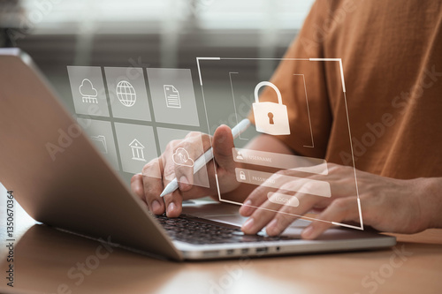 Cybersecurity and Data Protection Concept. Digital privacy and blockchain security. Secure login interface, encryption, and online defense against cyber threats for businesses and individuals. photo