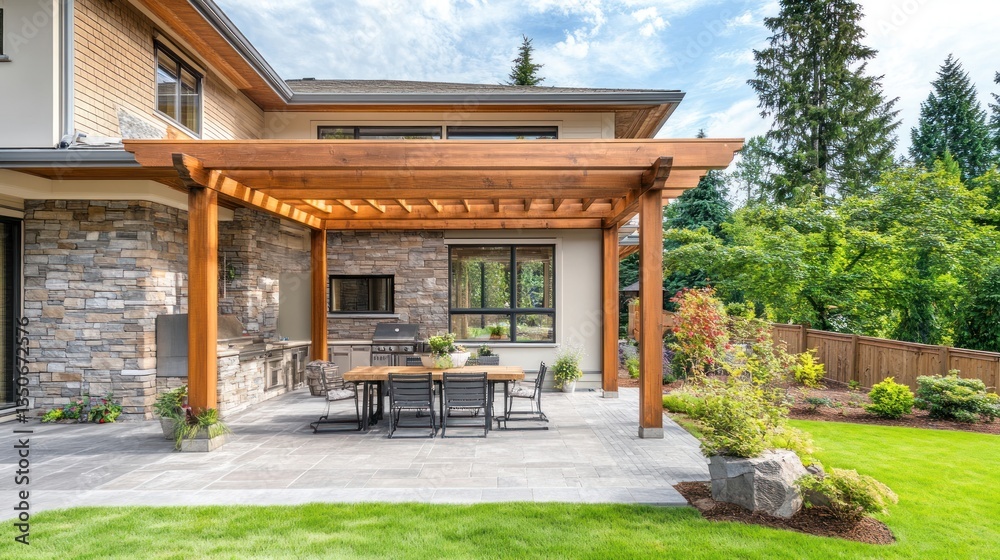 Modern home patio with wooden pergola, stone wall, outdoor dining set, and lush green lawn. Modern home patio with wooden pergola, stone wall, outdoor dining set, and lush green lawn.