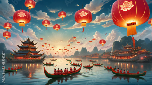 Asian lanterns floating over river boats