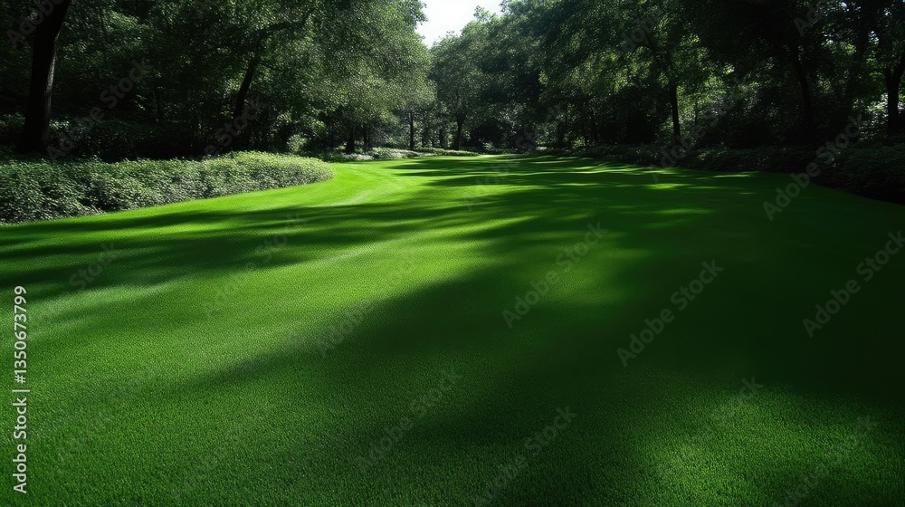 Lush green lawn under trees, sunlit shadows Lush green lawn under trees, sunlit shadows