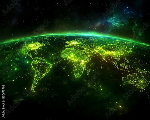 Glowing green globe showing continents and connecting lines in space