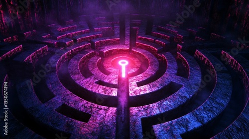 Glowing key in a dark stone maze, mystery background; game design