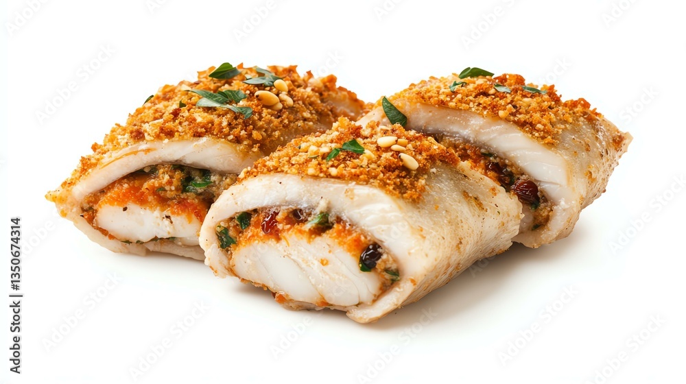 Deliciously baked fish rolls with crispy topping. Deliciously baked fish rolls with crispy topping.