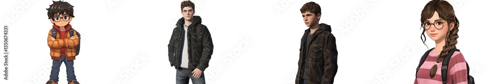 Four teens stand, diverse clothing isolated on white or transparent Four teens stand, diverse clothing isolated on white or transparent