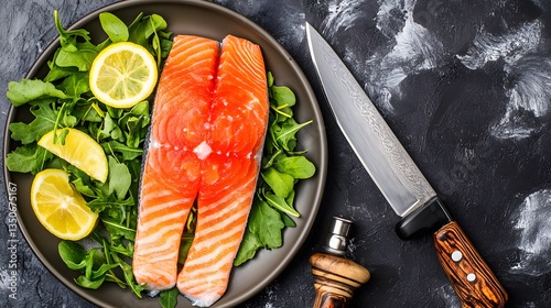 Raw Salmon Fillet with Lemon and Arugula on Plate photo