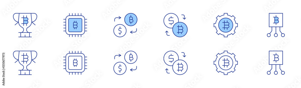 Bitcoin icon set in two styles, Duotone and Thin Line style. Editable stroke. trophy, chip, money exchange, exchange, bitcoin Bitcoin icon set in two styles, Duotone and Thin Line style. Editable stroke. trophy, chip, money exchange, exchange, bitcoin