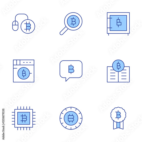 Bitcoin icons set. Line Duotone style, editable stroke. pay per click, data encryption, money laundering, cryptocurrency, search, information