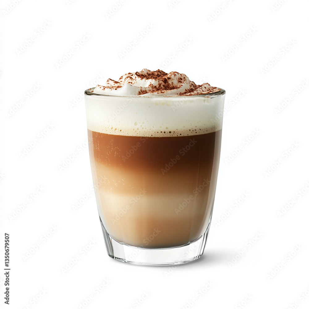 Delicious layered latte coffee drink with whipped cream and cocoa powder topping hot cup cafe food foam milk rich brown Delicious layered latte coffee drink with whipped cream and cocoa powder topping hot cup cafe food foam milk rich brown