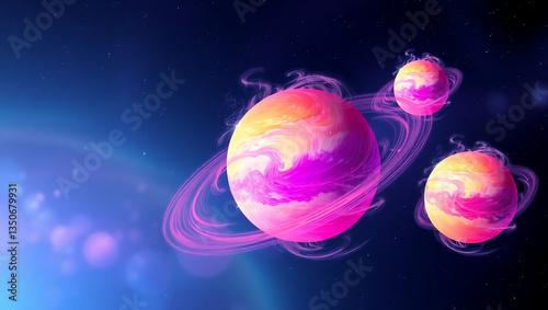 Fantasy-inspired space illustration showcasing vivid pink swirling spheres in a deep blue galaxy. Wispy textures and glowing energy add a futuristic and imaginative touch to the cosmic setting