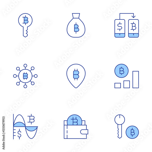 Bitcoin icons set. Line Duotone style, editable stroke. wallet, chart, exchange, pin, key, bitcoin, diagram