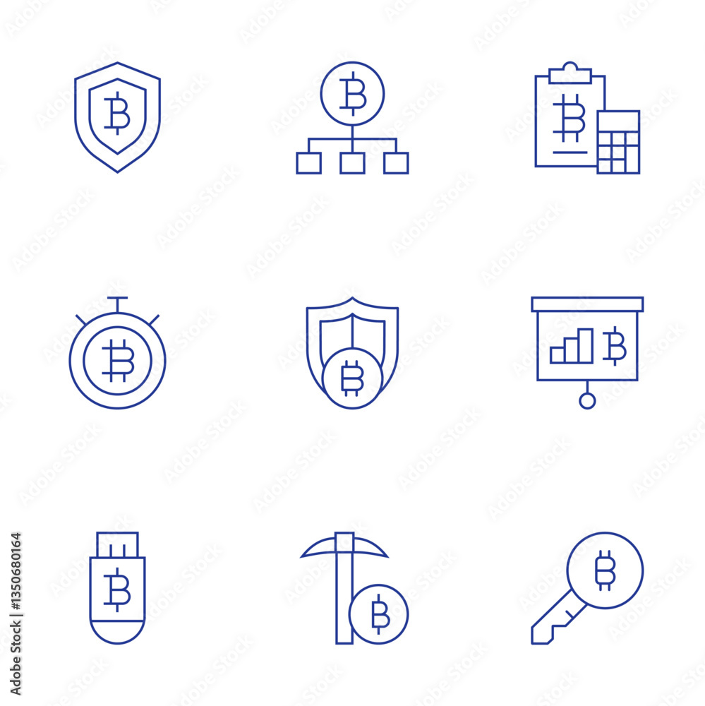 Bitcoin icons set. Thin Line style, editable stroke. document, statistics, key, secure payment, bitcoin, bitcoin mining Bitcoin icons set. Thin Line style, editable stroke. document, statistics, key, secure payment, bitcoin, bitcoin mining