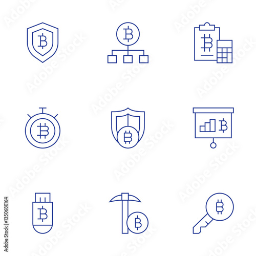 Bitcoin icons set. Thin Line style, editable stroke. document, statistics, key, secure payment, bitcoin, bitcoin mining