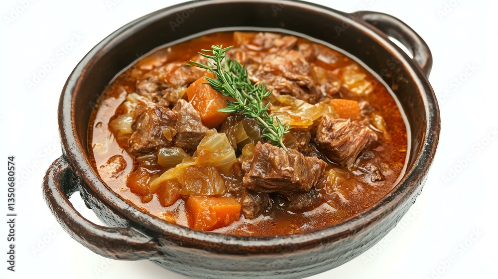Delicious hearty beef stew in a black pot. Delicious hearty beef stew in a black pot.