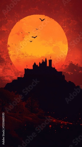A Silhouetted Castle With Bats Beneath a Big Orange Moon