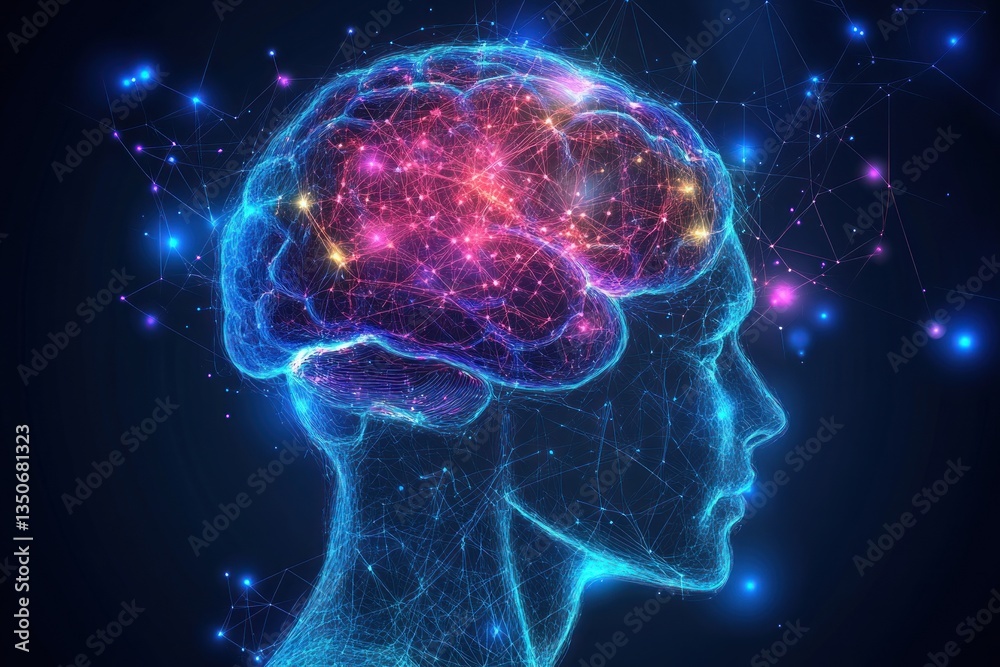 Digital illustration showcasing the human brain with neural network connections Digital illustration showcasing the human brain with neural network connections
