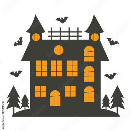 Scary Haunted House Halloween Illustration with Flat Design. Isolated Vector Silhouette.