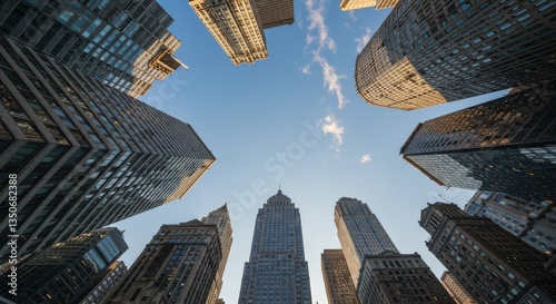 Tall Urban Skyscrapers Reach Up Towards A Beautiful Blue Sky