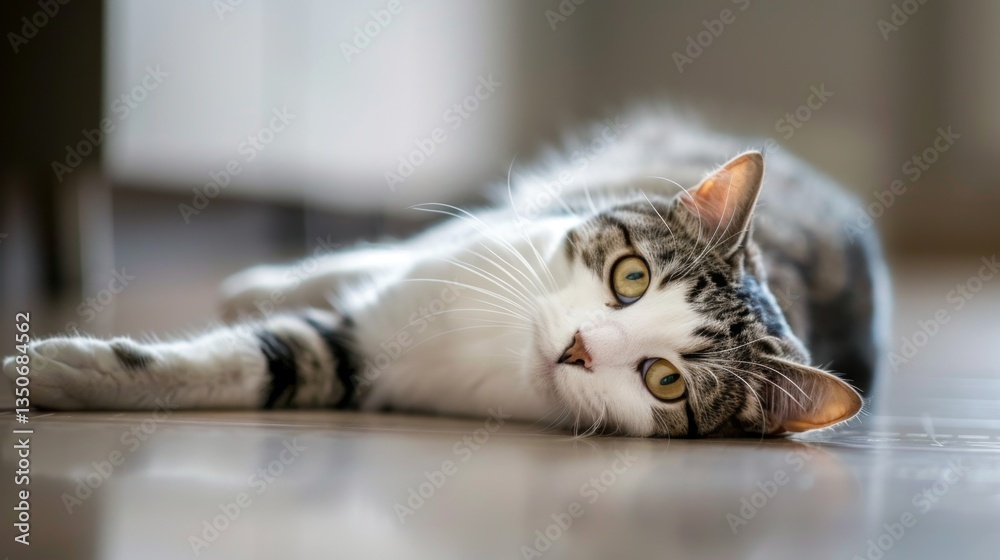 Naklejka premium Relaxed Cat on the Floor with Head Tilted Back