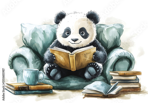 Vintage Panda Enjoying a Book on a Cozy Couch