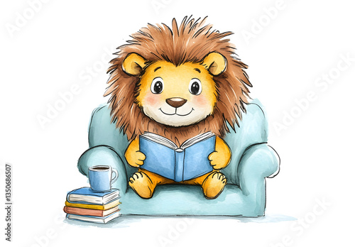 Vintage Lion Reading Book on Couch