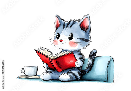 Senior Cat Enjoying Vintage Book on Colorful Couch