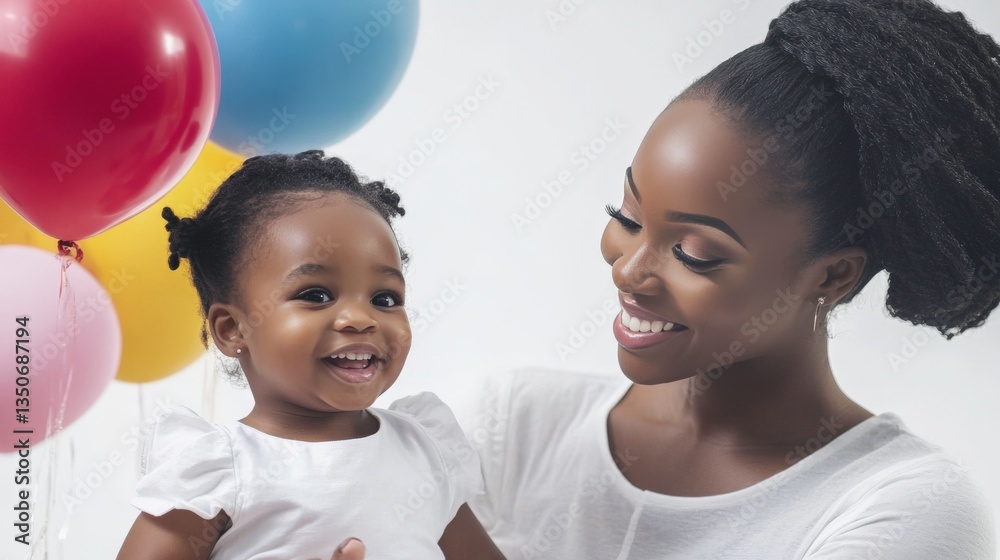 Mother Celebrating Child's Achievements with Balloons Mother Celebrating Child's Achievements with Balloons