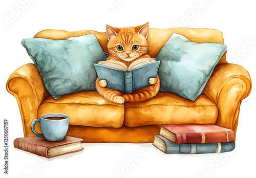 Vintage Senior Cat Reading Book on Couch