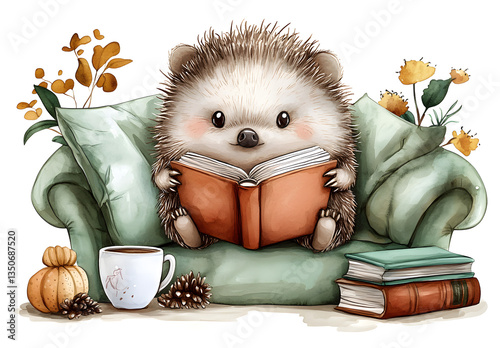 Senior Hedgehog Relaxing on Vintage Couch with Book