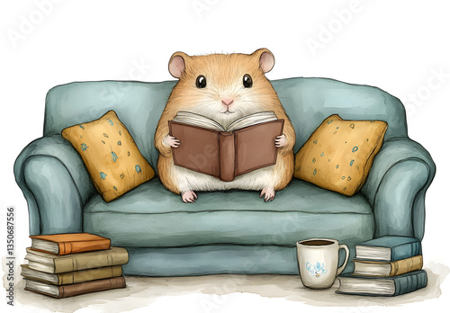 Senior Mouse Reading Book on Vintage Couch
