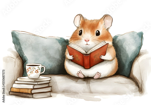 Senior Mouse Reading Book on Vintage Couch