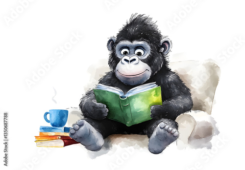 Vintage Monkey Reading Book on Couch