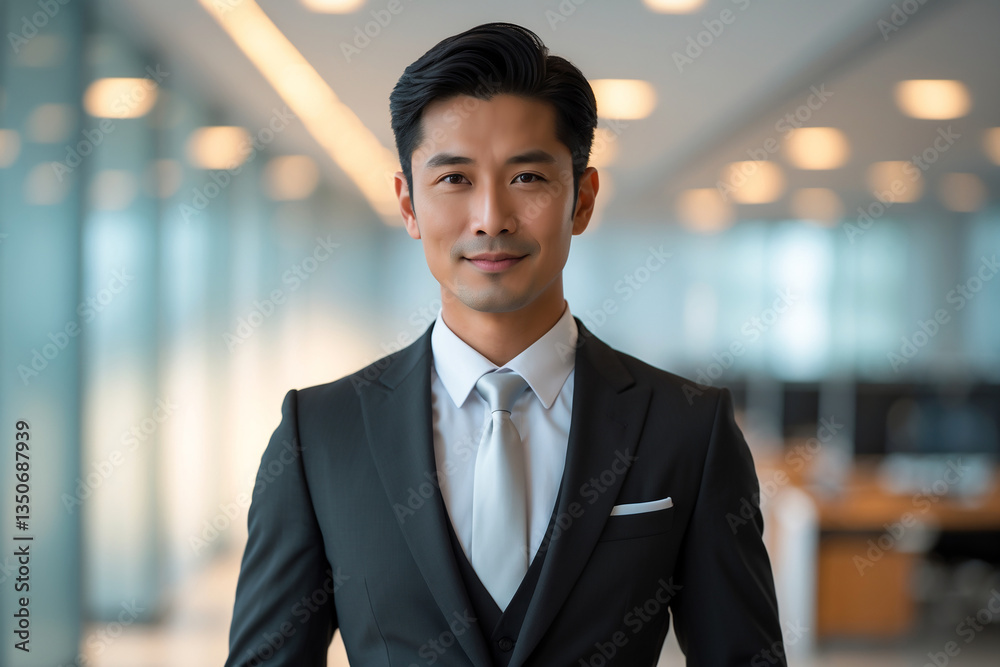 Asian businessman standing confidently in modern office with blurred glass walls and desks behind him Asian businessman standing confidently in modern office with blurred glass walls and desks behind him