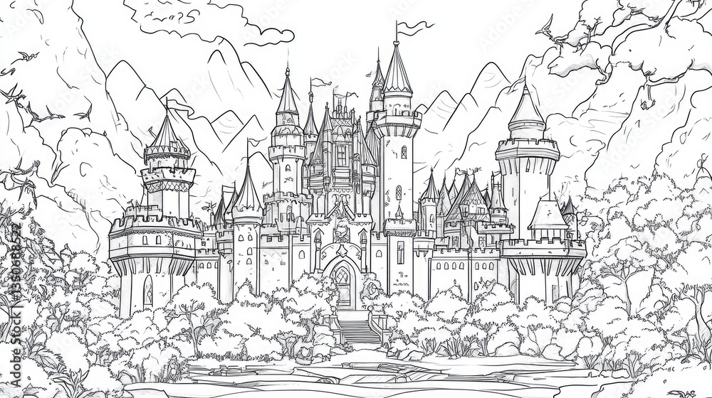 A majestic castle surrounded by mountains and trees, illustrating a fantasy landscape for coloring