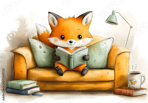 Senior Fox Reading Book on Vintage Couch